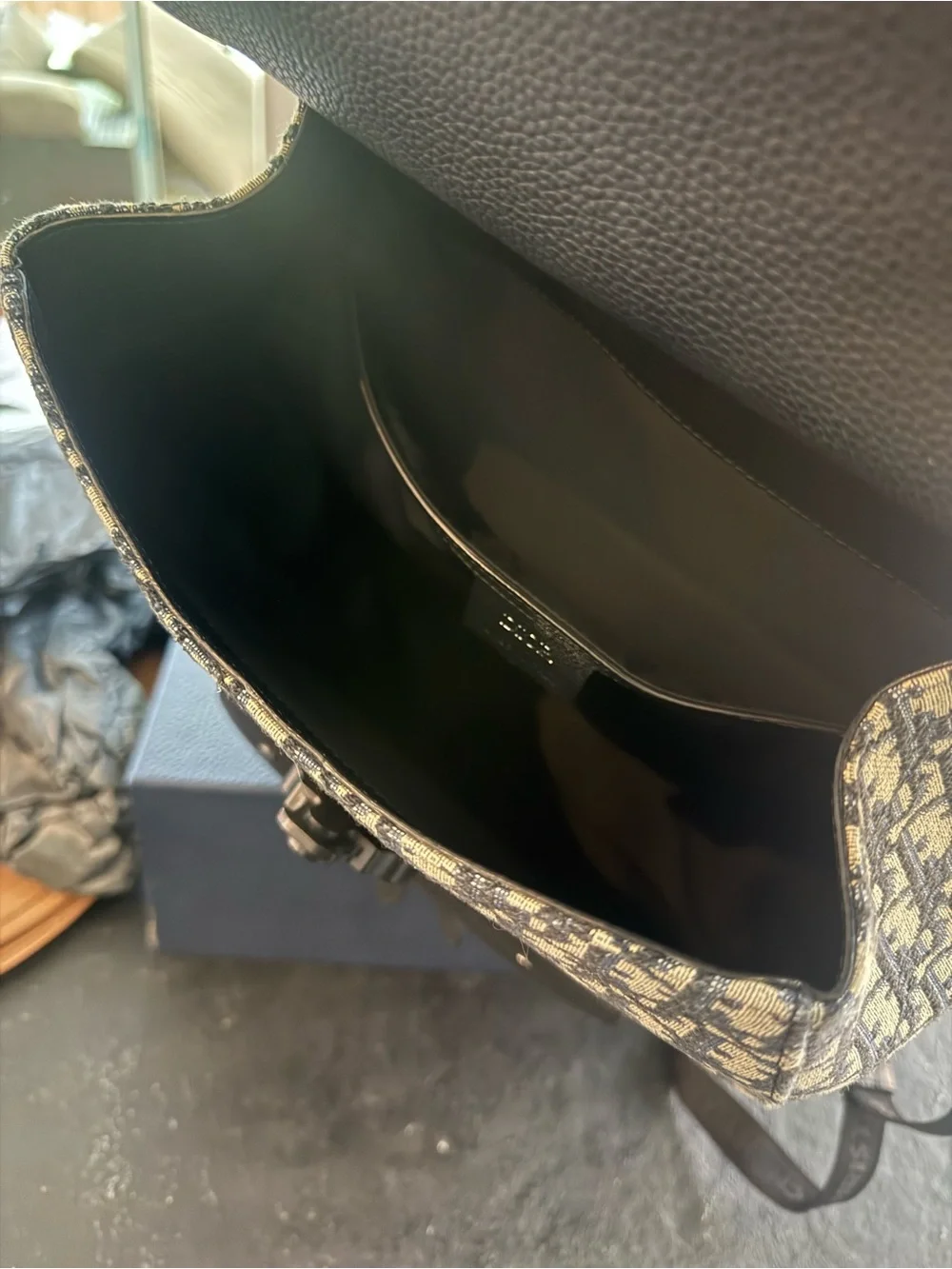Dior Navy and White Oblique Monogram Backpack with Black Leather Trim